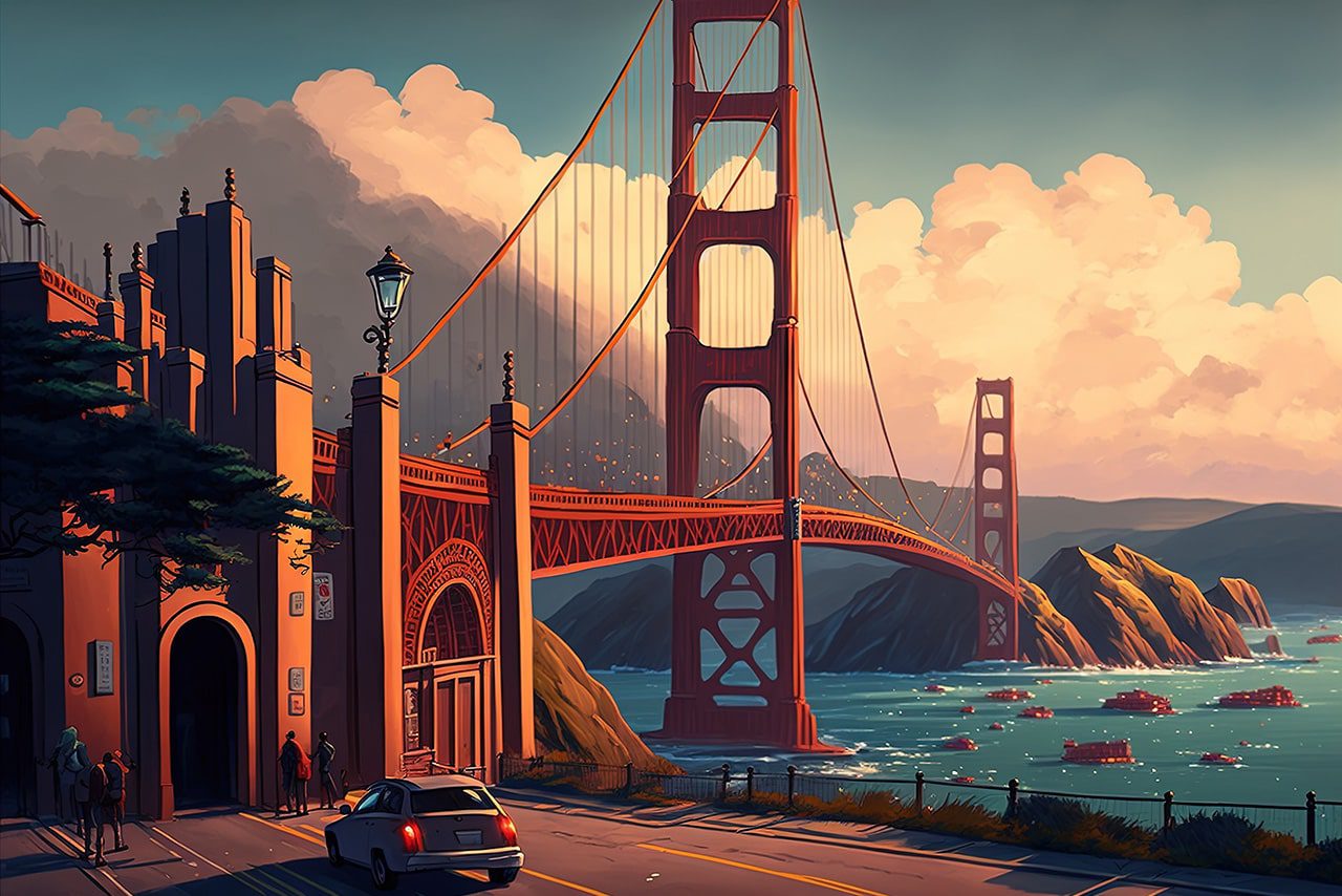 Scene at San Francisco, including the Golden Gate Bridge