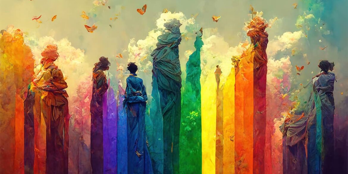 Abstract watercolor illustration of people with rainbow lgbt pride parade concept