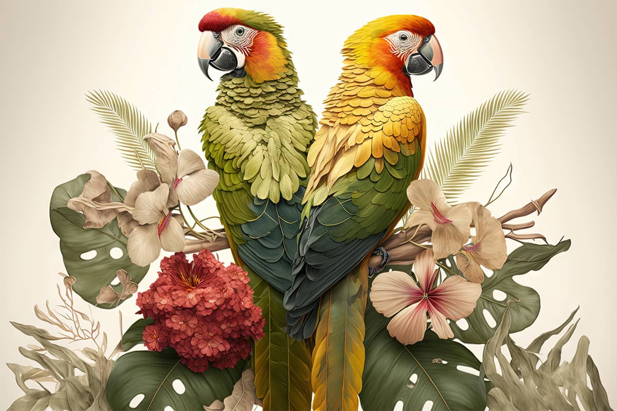 Illustration of two parrots standing side by side representing the differences between Trust v. Prenup