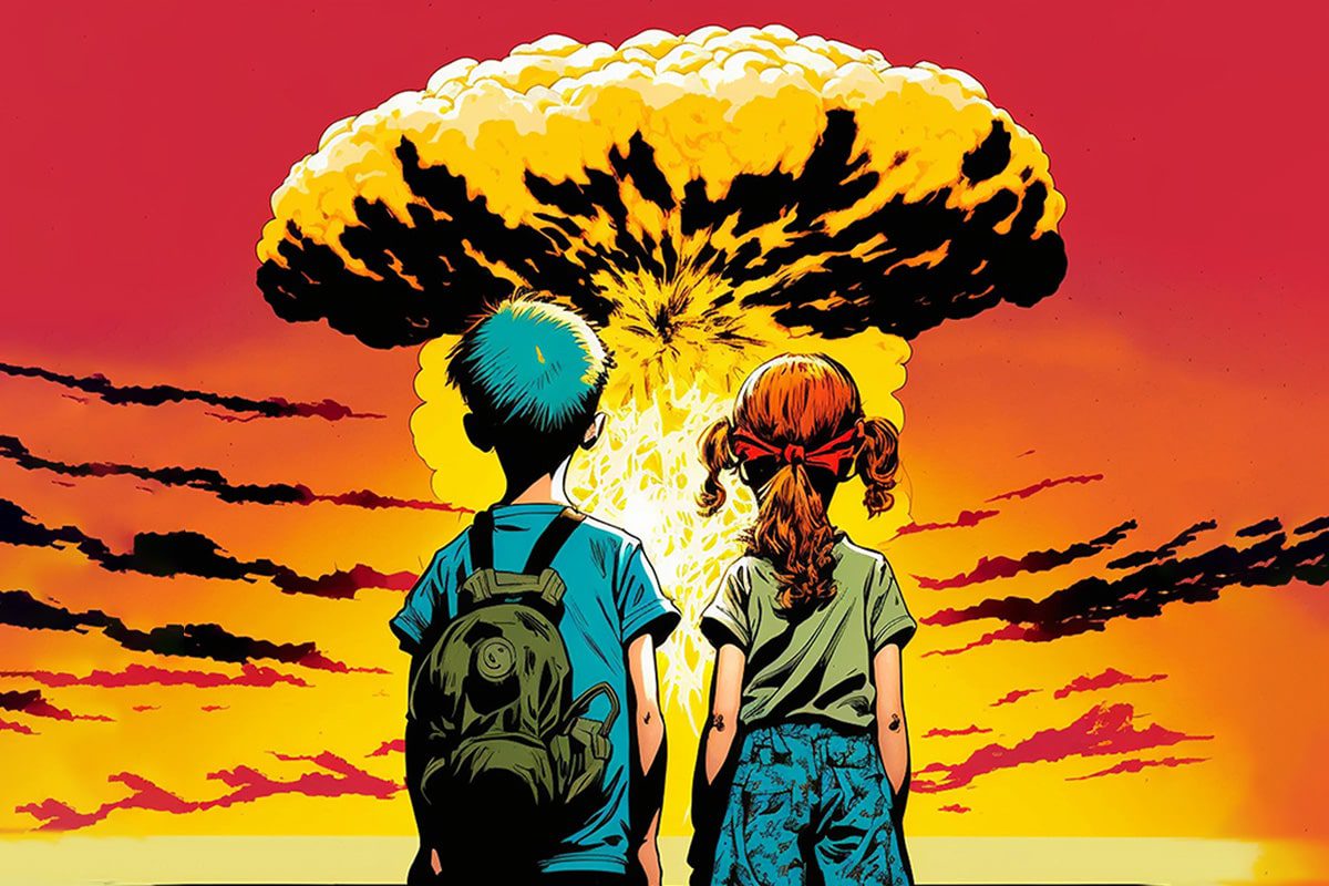 An illustration of two kids watching an explosion happen representing the challenges of co parenting after a divorce