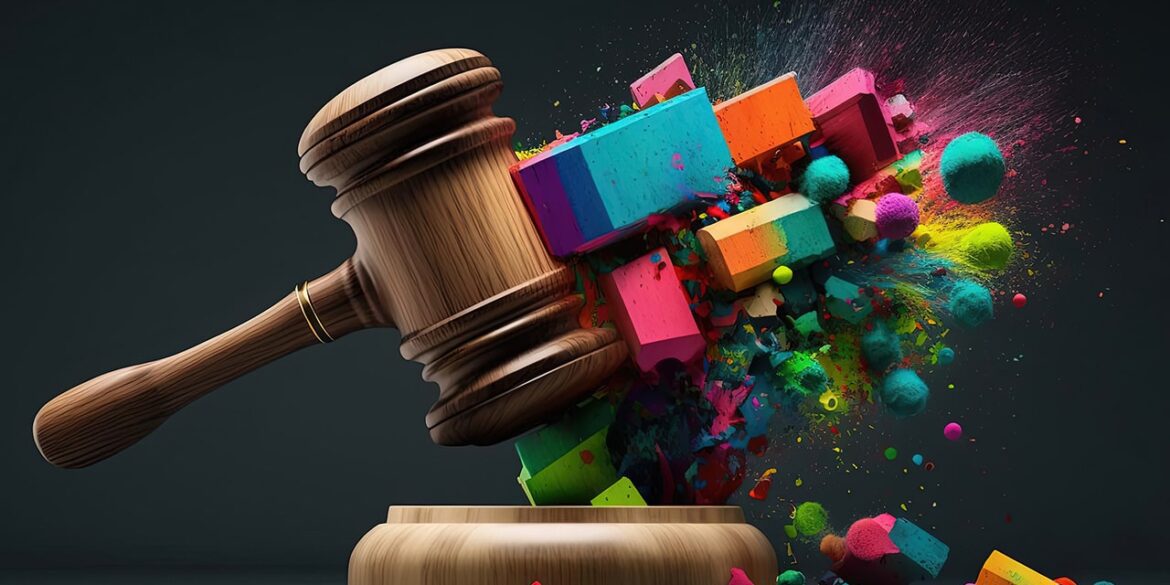 Gavel bursting colorful blocks representing a judgment on spousal support in California