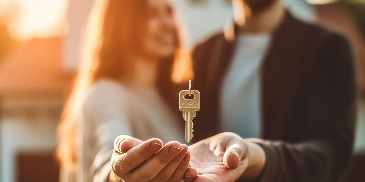 Couple holding a key to a house located in a community property state